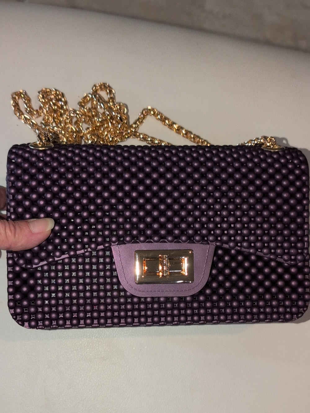 Le Miel Textured Beaded Purple Bag with Gold Tone Chain Strap  - NWT